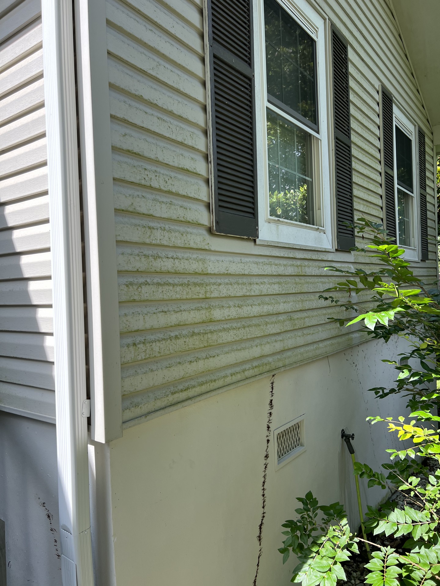 Dirty/algae-stained exterior before soft wash in Fairfield Glade, TN